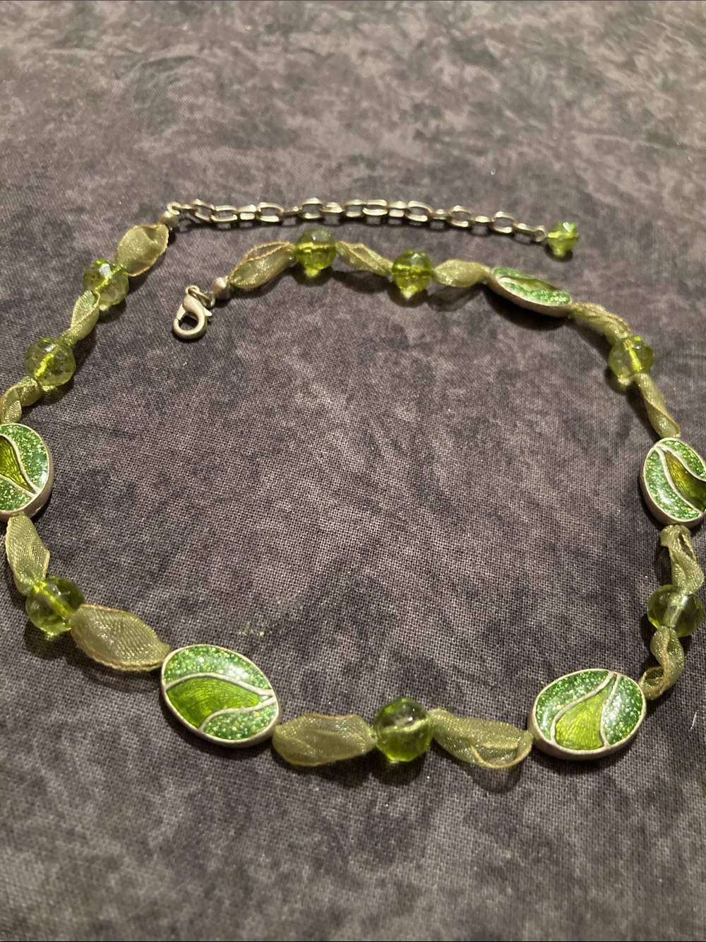 Soft & Light Green Iridescent Bead & Ribbon Necklace